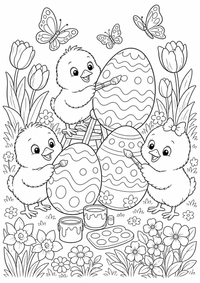 Osterkueken im Garden is a free printable Ostern coloring page with clear black outlines for A4.