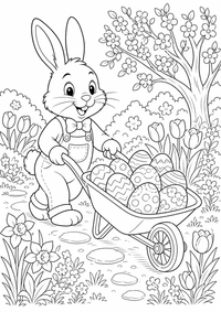 : Osterhase mit Schubkarre — कलरिंग पेज एक मुफ्त A4 कलरिंग पेज है, जिसमें स्पष्ट काली रूपरेखाएँ और रंग भरने के लिए साफ़ क्षेत्र हैं। पंजीकरण आवश्यक नहीं।
