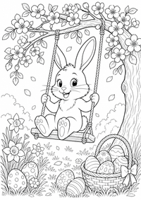 ईस्टर : Osterhase auf Baumschaukel — कलरिंग पेज एक मुफ्त A4 कलरिंग पेज है, जिसमें स्पष्ट काली रूपरेखाएँ और रंग भरने के लिए साफ़ क्षेत्र हैं। पंजीकरण आवश्यक नहीं।