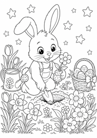 Osterhase Frühlingsblumen ist ein kostenloses A4-Ausmalbild mit klaren schwarzen Konturen zum Ausdrucken.