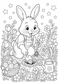 Osterhase Frühlingsblumen ist ein kostenloses A4-Ausmalbild mit klaren schwarzen Konturen zum Ausdrucken.