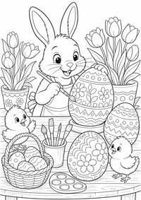 Hase bemalt Ostereier zeigt eine detailreiche Szene mit Hasen, Ostereiern und Frühlingsblumen. Dieses kostenlose A4-Ausmalbild mit klaren schwarzen Konturen auf weißem Hintergrund ist zum Ausdrucken geeignet.