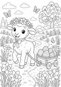 Osterlamm mit Eierwagen zeigt ein Osterlamm mit Eierwagen im Frühlingsgarten zwischen Blumen, Zaun und Schmetterlingen. Dieses kostenlose A4-Ausmalbild mit klaren schwarzen Konturen auf weißem Hintergrund ist zum Ausdrucken geeignet.