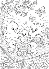Kueken Picknick ist ein kostenloses Ausmalbild mit klaren schwarzen Linien. Als PNG auf A4 ausdrucken für Zuhause, Kindergarten oder Schule.