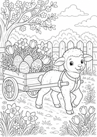 Osterlamm Blumenwagen — कलरिंग पेज एक मुफ्त A4 कलरिंग पेज है, जिसमें स्पष्ट काली रूपरेखाएँ और रंग भरने के लिए साफ़ क्षेत्र हैं। पंजीकरण आवश्यक नहीं।