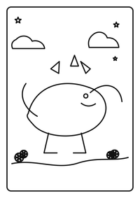 Ein Baby-Triceratops läuft über Steine mit Pflanzen und Wolken. Hochwertiges kostenloses Ausmalbild mit starken Konturen und viel Platz zum Ausmalen.