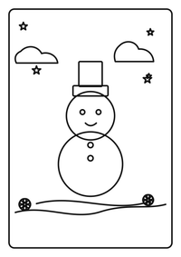 Ein Schneemann hält eine Laterne neben Tannen, Sternen und Schneeflocken. Hochwertiges kostenloses Ausmalbild mit starken Konturen und viel Platz zum Ausmalen.