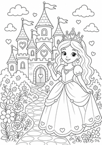 Princesa junto al castillo de cuento es un dibujo de princesa para colorear gratis, con contornos negros claros y detalles fáciles de imprimir para niños. Abre el archivo PNG, imprímelo en A4 y úsalo en casa, en el jardín de infancia o en la escuela.