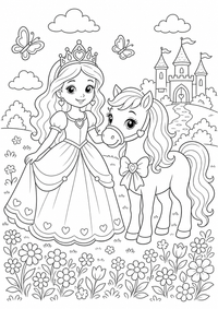 Princesa y poni es un dibujo de princesa para colorear gratis, con contornos negros claros y detalles fáciles de imprimir para niños. Abre el archivo PNG, imprímelo en A4 y úsalo en casa, en el jardín de infancia o en la escuela.