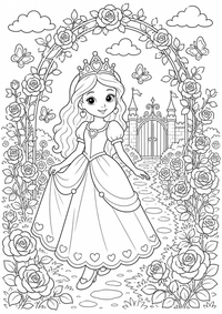 Princesa en el jardín de rosas es un dibujo de princesa para colorear gratis, con contornos negros claros y detalles fáciles de imprimir para niños. Abre el archivo PNG, imprímelo en A4 y úsalo en casa, en el jardín de infancia o en la escuela.