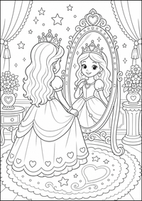 Princesa con espejo mágico es un dibujo de princesa para colorear gratis, con contornos negros claros y detalles fáciles de imprimir para niños. Abre el archivo PNG, imprímelo en A4 y úsalo en casa, en el jardín de infancia o en la escuela.