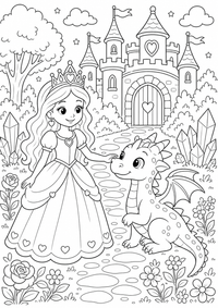 Princesa y dragón es un dibujo de princesa para colorear gratis, con contornos negros claros y detalles fáciles de imprimir para niños. Abre el archivo PNG, imprímelo en A4 y úsalo en casa, en el jardín de infancia o en la escuela.