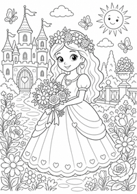 Princesa con corona de flores es un dibujo de princesa para colorear gratis, con contornos negros claros y detalles fáciles de imprimir para niños. Abre el archivo PNG, imprímelo en A4 y úsalo en casa, en el jardín de infancia o en la escuela.