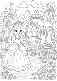 Princesa en el parque de carruajes es un dibujo de princesa para colorear gratis, con contornos negros claros y detalles fáciles de imprimir para niños. Abre el archivo PNG, imprímelo en A4 y úsalo en casa, en el jardín de infancia o en la escuela.