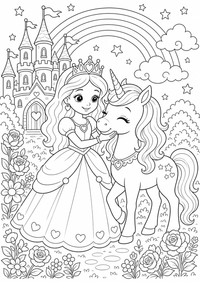 Princesa y unicornio es un dibujo de princesa para colorear gratis, con contornos negros claros y detalles fáciles de imprimir para niños. Abre el archivo PNG, imprímelo en A4 y úsalo en casa, en el jardín de infancia o en la escuela.