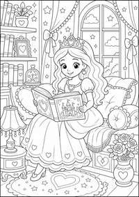 Princesa lee libro es un dibujo de princesa para colorear gratis, con contornos negros claros y detalles fáciles de imprimir para niños. Abre el archivo PNG, imprímelo en A4 y úsalo en casa, en el jardín de infancia o en la escuela.