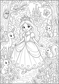 Princesa en el bosque es un dibujo de princesa para colorear gratis, con contornos negros claros y detalles fáciles de imprimir para niños. Abre el archivo PNG, imprímelo en A4 y úsalo en casa, en el jardín de infancia o en la escuela.