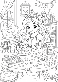 Princesa mientras manualidad de coronas es un dibujo de princesa para colorear gratis, con contornos negros claros y detalles fáciles de imprimir para niños. Abre el archivo PNG, imprímelo en A4 y úsalo en casa, en el jardín de infancia o en la escuela.