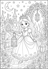 Princesa con farol es un dibujo de princesa para colorear gratis, con contornos negros claros y detalles fáciles de imprimir para niños. Abre el archivo PNG, imprímelo en A4 y úsalo en casa, en el jardín de infancia o en la escuela.