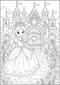 Princesa junto al puerta del castillo es un dibujo de princesa para colorear gratis, con contornos negros claros y detalles fáciles de imprimir para niños. Abre el archivo PNG, imprímelo en A4 y úsalo en casa, en el jardín de infancia o en la escuela.