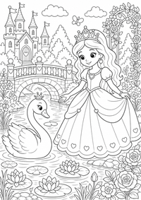 Princesa y cisne es un dibujo de princesa para colorear gratis, con contornos negros claros y detalles fáciles de imprimir para niños. Abre el archivo PNG, imprímelo en A4 y úsalo en casa, en el jardín de infancia o en la escuela.