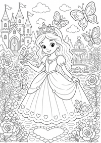 Princesa con mariposas es un dibujo de princesa para colorear gratis, con contornos negros claros y detalles fáciles de imprimir para niños. Abre el archivo PNG, imprímelo en A4 y úsalo en casa, en el jardín de infancia o en la escuela.