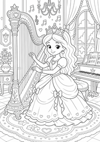 Princesa en el sala de música es un dibujo de princesa para colorear gratis, con contornos negros claros y detalles fáciles de imprimir para niños. Abre el archivo PNG, imprímelo en A4 y úsalo en casa, en el jardín de infancia o en la escuela.