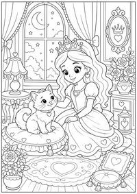 Princesa y gato es un dibujo de princesa para colorear gratis, con contornos negros claros y detalles fáciles de imprimir para niños. Abre el archivo PNG, imprímelo en A4 y úsalo en casa, en el jardín de infancia o en la escuela.