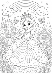 Princesa en el vestido arcoíris es un dibujo de princesa para colorear gratis, con contornos negros claros y detalles fáciles de imprimir para niños. Abre el archivo PNG, imprímelo en A4 y úsalo en casa, en el jardín de infancia o en la escuela.