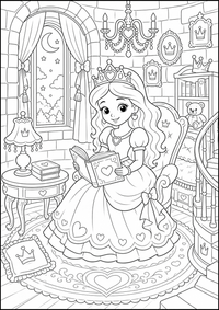 Princesa en el habitación de la torre es un dibujo de princesa para colorear gratis, con contornos negros claros y detalles fáciles de imprimir para niños. Abre el archivo PNG, imprímelo en A4 y úsalo en casa, en el jardín de infancia o en la escuela.