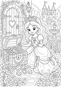 Princesa y cofre del tesoro es un dibujo de princesa para colorear gratis, con contornos negros claros y detalles fáciles de imprimir para niños. Abre el archivo PNG, imprímelo en A4 y úsalo en casa, en el jardín de infancia o en la escuela.