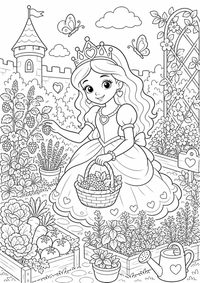 Princesa en el huerto de cocina es un dibujo de princesa para colorear gratis, con contornos negros claros y detalles fáciles de imprimir para niños. Abre el archivo PNG, imprímelo en A4 y úsalo en casa, en el jardín de infancia o en la escuela.
