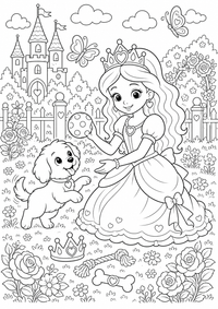 Princesa y perro es un dibujo de princesa para colorear gratis, con contornos negros claros y detalles fáciles de imprimir para niños. Abre el archivo PNG, imprímelo en A4 y úsalo en casa, en el jardín de infancia o en la escuela.