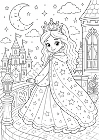 Princesa en el manto de estrellas es un dibujo de princesa para colorear gratis, con contornos negros claros y detalles fáciles de imprimir para niños. Abre el archivo PNG, imprímelo en A4 y úsalo en casa, en el jardín de infancia o en la escuela.