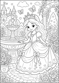 Princesa junto al fuente es un dibujo de princesa para colorear gratis, con contornos negros claros y detalles fáciles de imprimir para niños. Abre el archivo PNG, imprímelo en A4 y úsalo en casa, en el jardín de infancia o en la escuela.