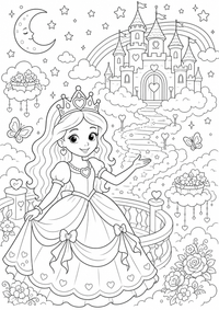 Princesa en el castillo de nubes es un dibujo de princesa para colorear gratis, con contornos negros claros y detalles fáciles de imprimir para niños. Abre el archivo PNG, imprímelo en A4 y úsalo en casa, en el jardín de infancia o en la escuela.