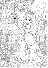 Princesa y casita de pájaros es un dibujo de princesa para colorear gratis, con contornos negros claros y detalles fáciles de imprimir para niños. Abre el archivo PNG, imprímelo en A4 y úsalo en casa, en el jardín de infancia o en la escuela.