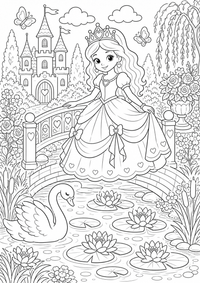 Princesa en el estanque de nenúfares es un dibujo de princesa para colorear gratis, con contornos negros claros y detalles fáciles de imprimir para niños. Abre el archivo PNG, imprímelo en A4 y úsalo en casa, en el jardín de infancia o en la escuela.