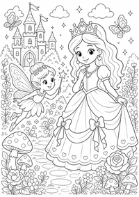 Princesa y hada es un dibujo de princesa para colorear gratis, con contornos negros claros y detalles fáciles de imprimir para niños. Abre el archivo PNG, imprímelo en A4 y úsalo en casa, en el jardín de infancia o en la escuela.