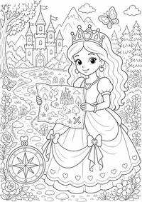 Princesa con mapa del castillo es un dibujo de princesa para colorear gratis, con contornos negros claros y detalles fáciles de imprimir para niños. Abre el archivo PNG, imprímelo en A4 y úsalo en casa, en el jardín de infancia o en la escuela.