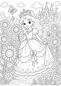 Princesa en el campo de girasoles es un dibujo de princesa para colorear gratis, con contornos negros claros y detalles fáciles de imprimir para niños. Abre el archivo PNG, imprímelo en A4 y úsalo en casa, en el jardín de infancia o en la escuela.