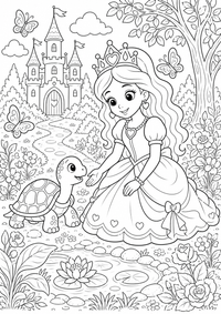 Princesa y tortuga es un dibujo de princesa para colorear gratis, con contornos negros claros y detalles fáciles de imprimir para niños. Abre el archivo PNG, imprímelo en A4 y úsalo en casa, en el jardín de infancia o en la escuela.