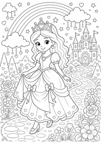 Princesa junto al camino arcoíris es un dibujo de princesa para colorear gratis, con contornos negros claros y detalles fáciles de imprimir para niños. Abre el archivo PNG, imprímelo en A4 y úsalo en casa, en el jardín de infancia o en la escuela.