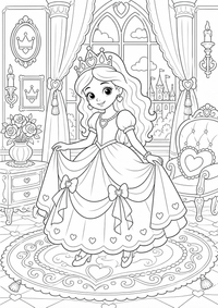 Princesa en el habitación del castillo es un dibujo de princesa para colorear gratis, con contornos negros claros y detalles fáciles de imprimir para niños. Abre el archivo PNG, imprímelo en A4 y úsalo en casa, en el jardín de infancia o en la escuela.