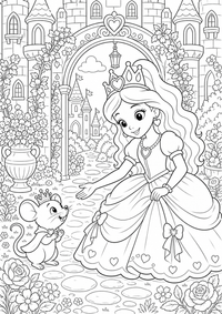 Princesa y ratón es un dibujo de princesa para colorear gratis, con contornos negros claros y detalles fáciles de imprimir para niños. Abre el archivo PNG, imprímelo en A4 y úsalo en casa, en el jardín de infancia o en la escuela.