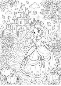 Princesa junto al castillo de otoño es un dibujo de princesa para colorear gratis, con contornos negros claros y detalles fáciles de imprimir para niños. Abre el archivo PNG, imprímelo en A4 y úsalo en casa, en el jardín de infancia o en la escuela.