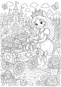 Princesa en el carro de flores es un dibujo de princesa para colorear gratis, con contornos negros claros y detalles fáciles de imprimir para niños. Abre el archivo PNG, imprímelo en A4 y úsalo en casa, en el jardín de infancia o en la escuela.