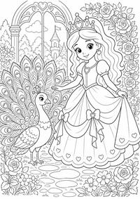 Princesa y pavo real es un dibujo de princesa para colorear gratis, con contornos negros claros y detalles fáciles de imprimir para niños. Abre el archivo PNG, imprímelo en A4 y úsalo en casa, en el jardín de infancia o en la escuela.