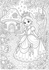 Princesa en el bosque de cuento es un dibujo de princesa para colorear gratis, con contornos negros claros y detalles fáciles de imprimir para niños. Abre el archivo PNG, imprímelo en A4 y úsalo en casa, en el jardín de infancia o en la escuela.