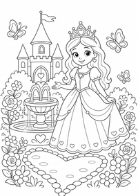 Princesa en el jardín del castillo es un dibujo de princesa para colorear gratis, con contornos negros claros y detalles fáciles de imprimir para niños. Abre el archivo PNG, imprímelo en A4 y úsalo en casa, en el jardín de infancia o en la escuela.
